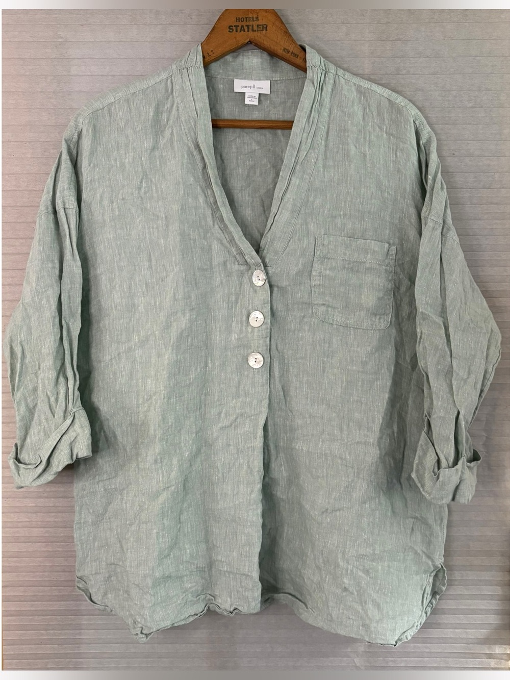 Pure J. Jill Green 100% Linen Popover Blouse Top Large Boho Lagenlook Coastal